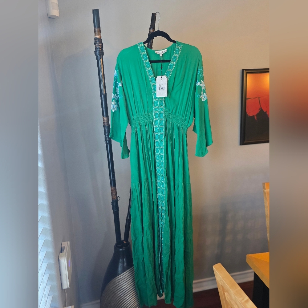 NWT Hale Bob Vibrant Green Maxi Dress with Embroidery